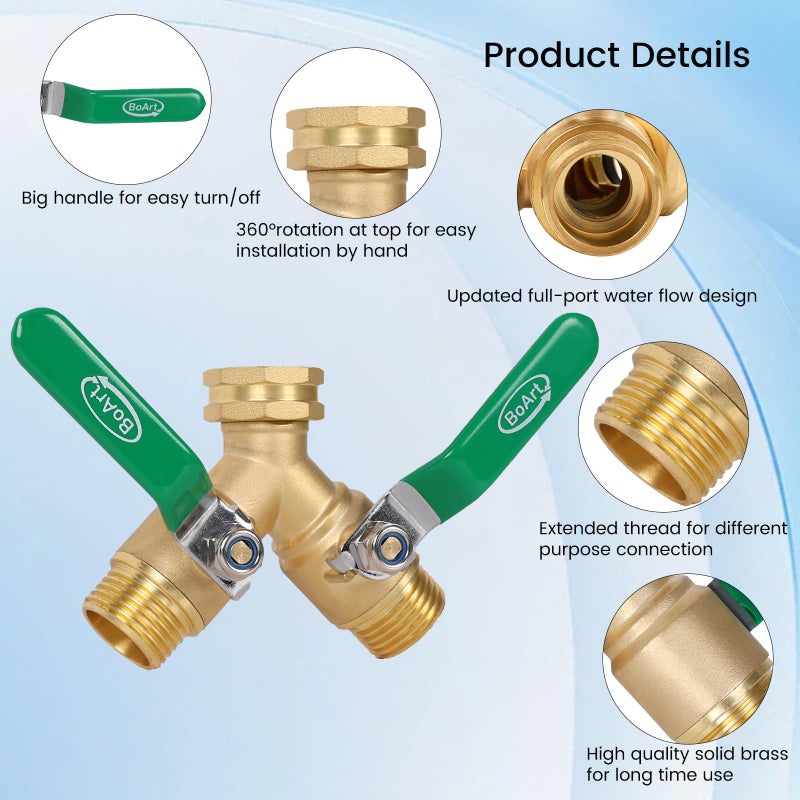 BoArt Brass Garden Hose Splitter 2 Way Heavy Duty  Y Valve Hose Splitter With Stainless Steel Long Handle  3/4"" GHT Thread Y Valve Water Garden Hose Tap Adapter - Image 2